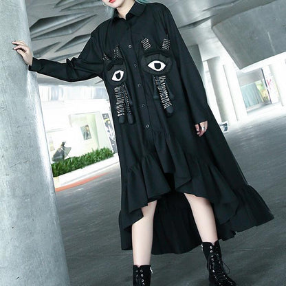 Fine Black Autumn Shirt Dress Turn-down Collar Gown Fine Asymmetrical Design Large Hem Shirt Dress