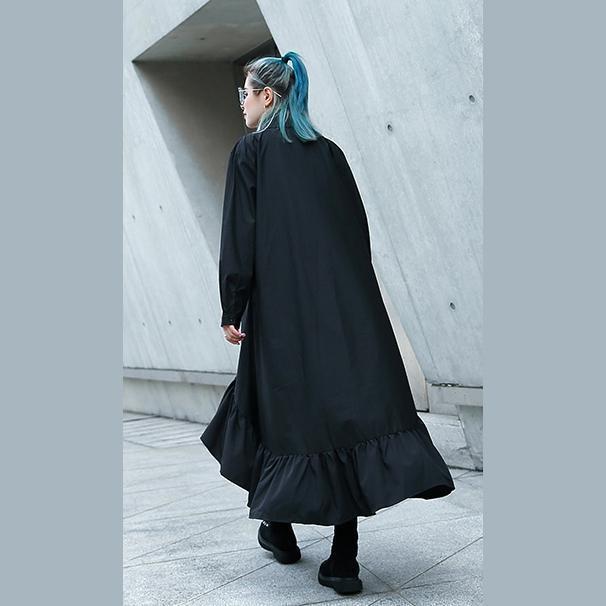 Fine Black Autumn Shirt Dress Turn-down Collar Gown Fine Asymmetrical Design Large Hem Shirt Dress