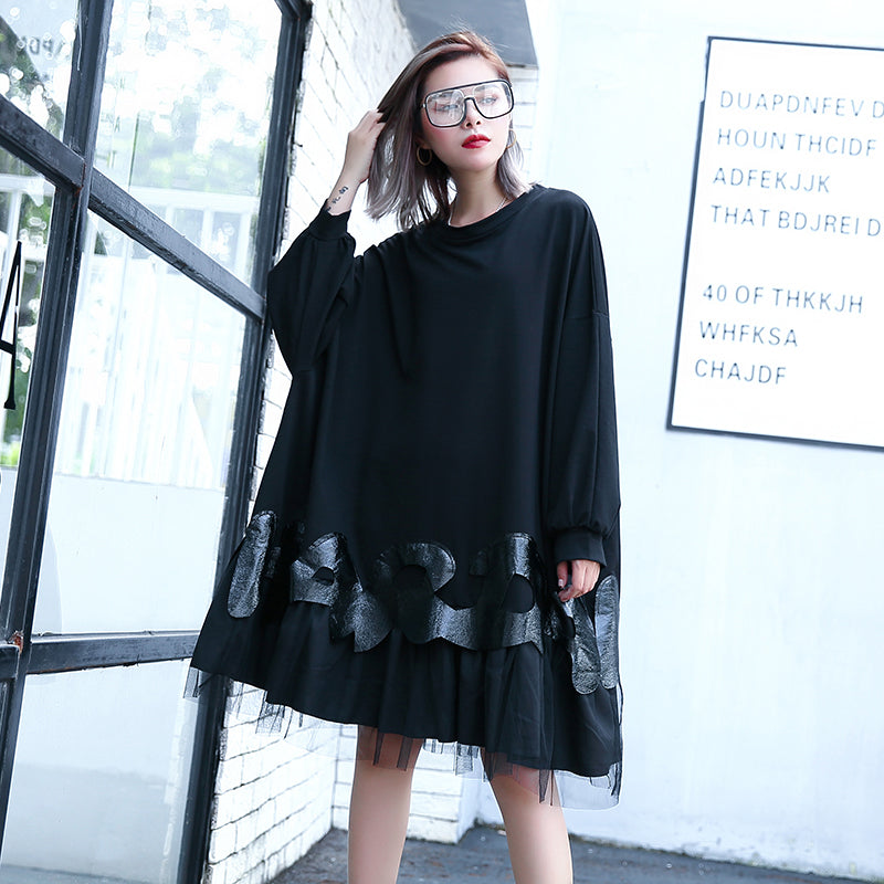 Fine Black Cotton Blended Knee Dress Loose Fitting Patchwork Fine Tulle Baggy Cotton Blended Clothing Dress