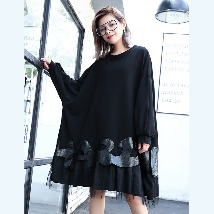 Fine Black Cotton Blended Knee Dress Loose Fitting Patchwork Fine Tulle Baggy Cotton Blended Clothing Dress