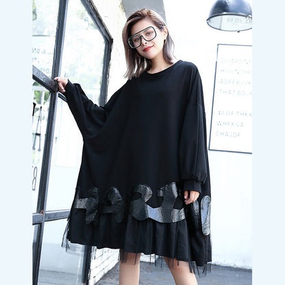 Fine Black Cotton Blended Knee Dress Loose Fitting Patchwork Fine Tulle Baggy Cotton Blended Clothing Dress