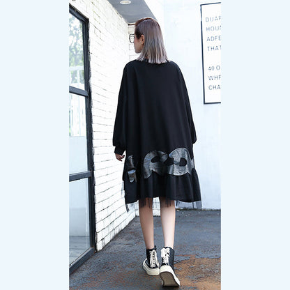 Fine Black Cotton Blended Knee Dress Loose Fitting Patchwork Fine Tulle Baggy Cotton Blended Clothing Dress