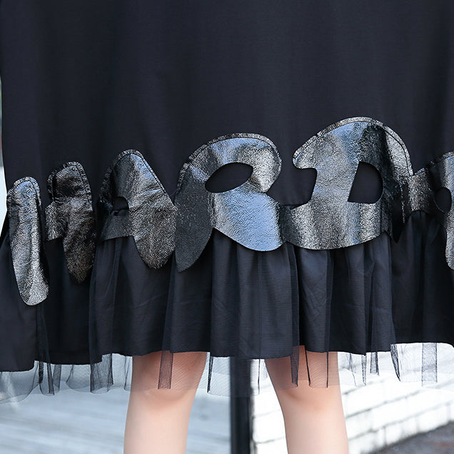 Fine Black Cotton Blended Knee Dress Loose Fitting Patchwork Fine Tulle Baggy Cotton Blended Clothing Dress