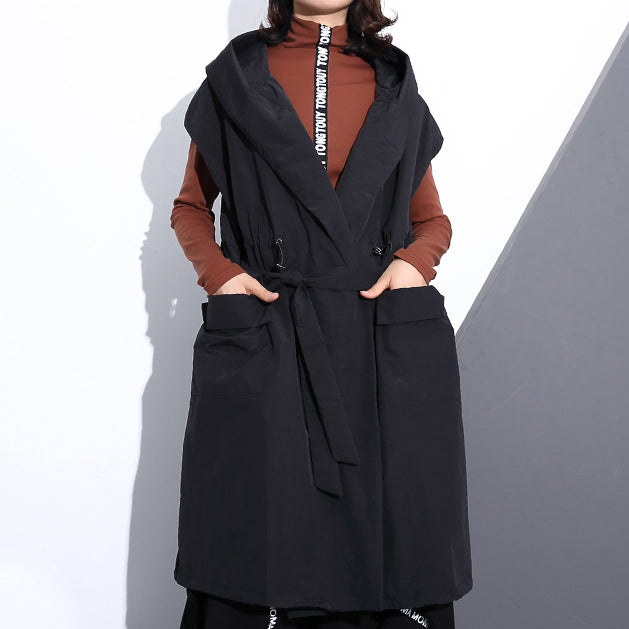 Fine Black Cotton Blended Tops Hooded Tie Waist Clothing Tops Sleeveless Coats