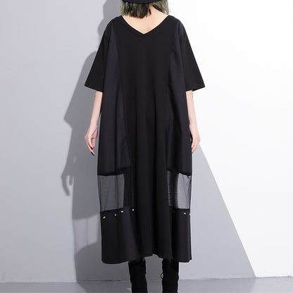 Fine Black Cotton Maxi Dress Oversize V Neck Traveling Dress Fine Tassel Pockets Cotton Caftans