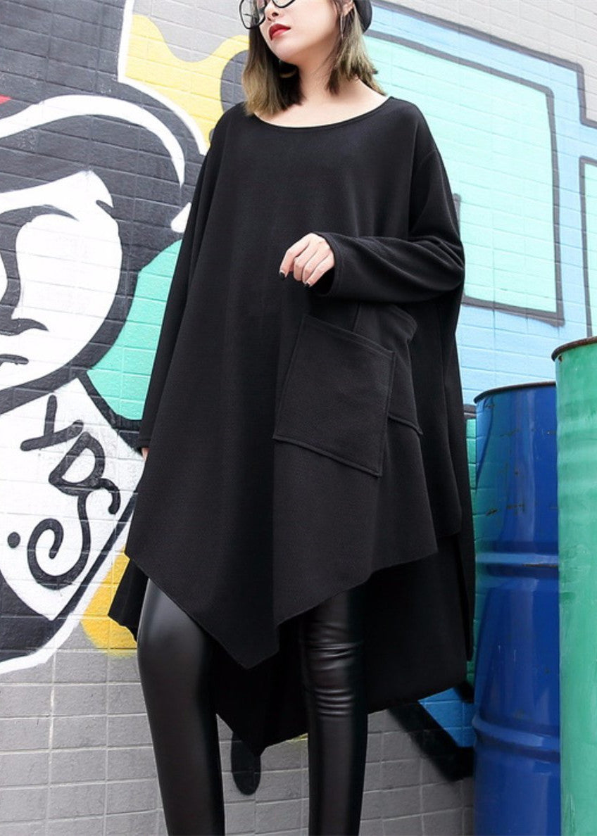 Fine Black Cotton Silk Dress Plussize Asymmetric Hem Traveling Dress Boutique O Neck Gown