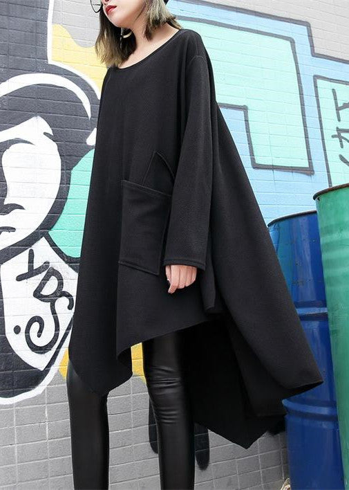 Fine Black Cotton Silk Dress Plussize Asymmetric Hem Traveling Dress Boutique O Neck Gown