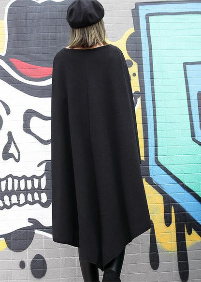 Fine Black Cotton Silk Dress Plussize Asymmetric Hem Traveling Dress Boutique O Neck Gown