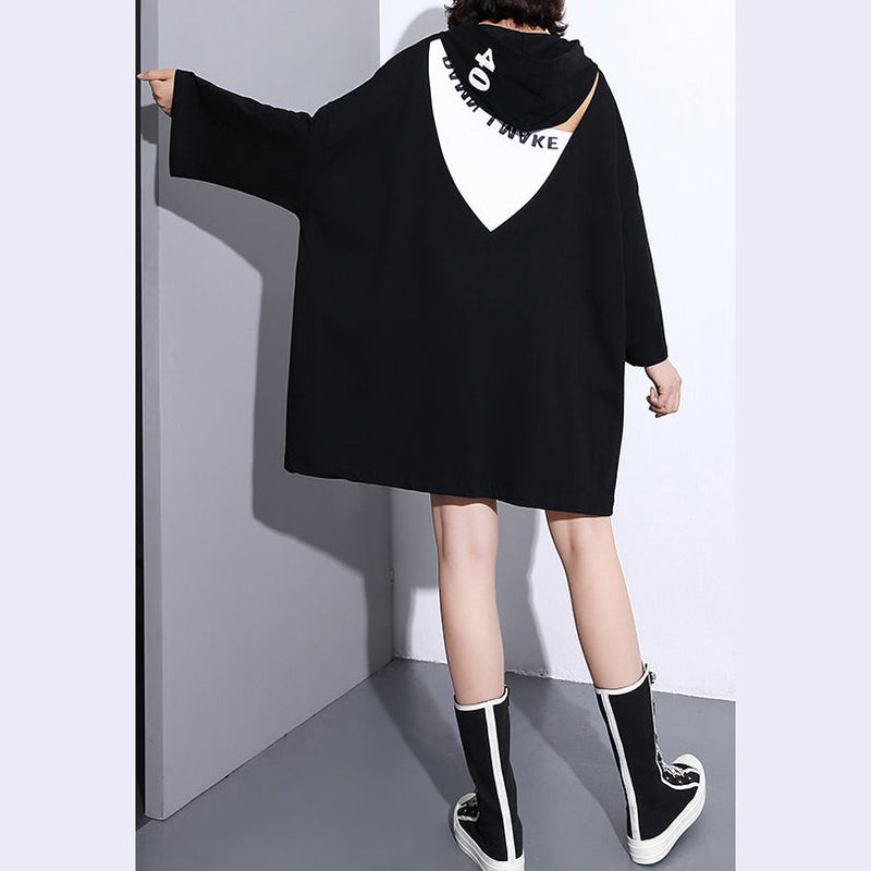 Fine Black Cotton Tops Clothing Hooded Cotton T Shirts Back Side Open Cotton Blouses