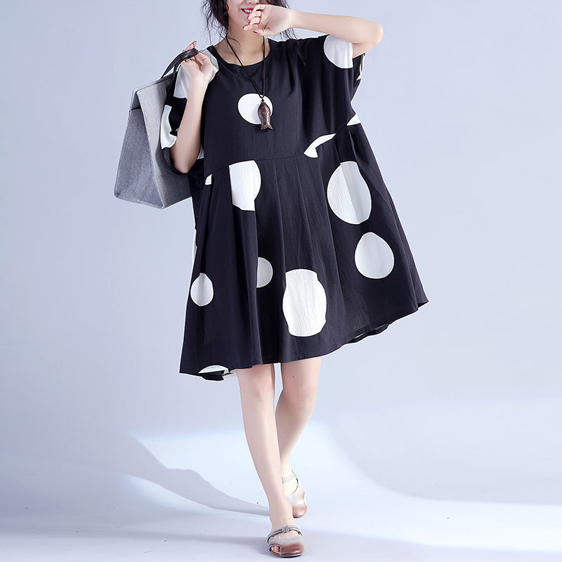 Fine Black Dotted Pure Cotton Dress Oversized Cotton Maxi Dress O Neck High Waist Knee Dresses