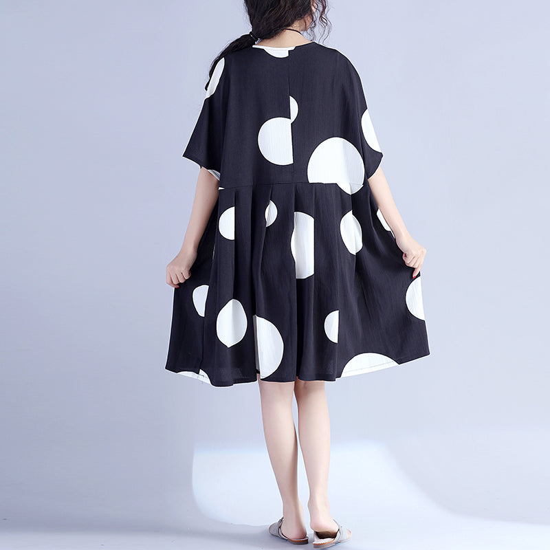 Fine Black Dotted Pure Cotton Dress Oversized Cotton Maxi Dress O Neck High Waist Knee Dresses