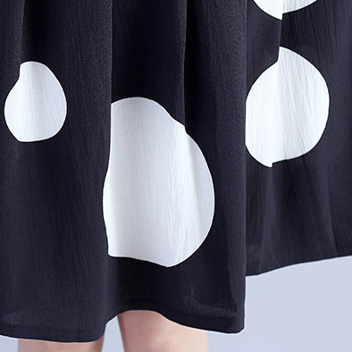 Fine Black Dotted Pure Cotton Dress Oversized Cotton Maxi Dress O Neck High Waist Knee Dresses