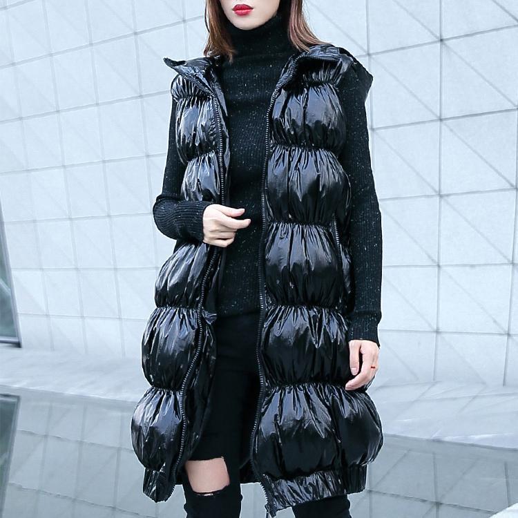Fine Black Down Jacket Hooded Zippered Puffers Jackets Warm Sleeveless Tunic
