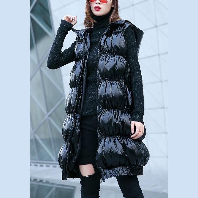 Fine Black Down Jacket Hooded Zippered Puffers Jackets Warm Sleeveless Tunic