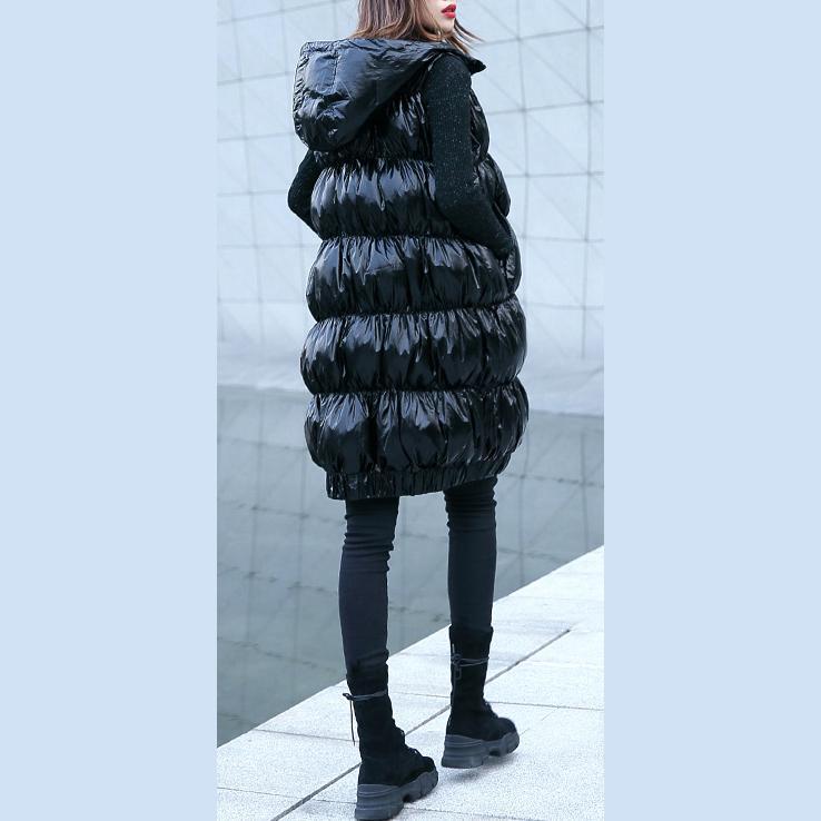 Fine Black Down Jacket Hooded Zippered Puffers Jackets Warm Sleeveless Tunic