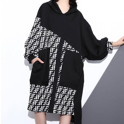 Fine Black Dress Hooded Patchwork Long Coat New Long Sleeve Pockets Asymmetrical Design Dresses