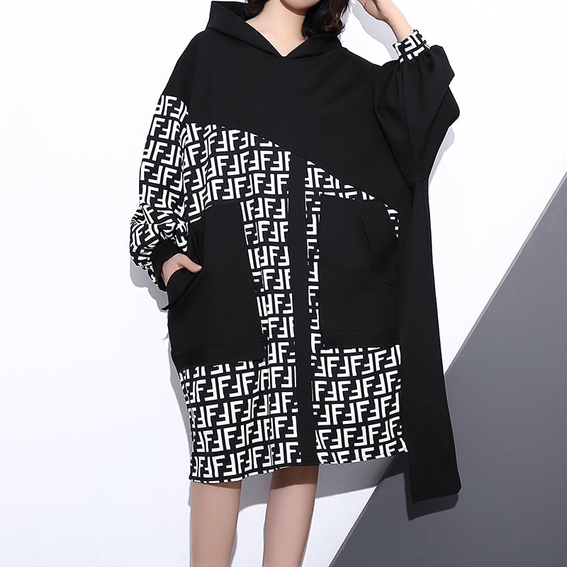 Fine Black Dress Hooded Patchwork Long Coat New Long Sleeve Pockets Asymmetrical Design Dresses