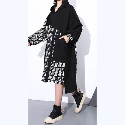 Fine Black Dress Hooded Patchwork Long Coat New Long Sleeve Pockets Asymmetrical Design Dresses
