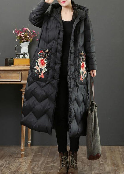 Fine Black Embroidery Goose Down Coat Oversize Down Jacket Hooded Fine Jackets