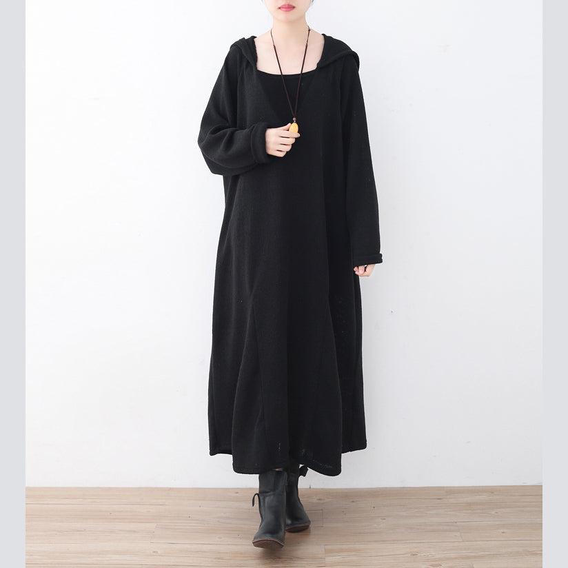 Fine Black Linen Dress Plussize V Neck Linen Gown Hooded Caftans