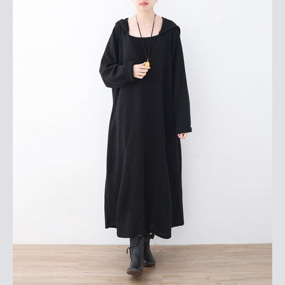 Fine Black Linen Dress Plussize V Neck Linen Gown Hooded Caftans