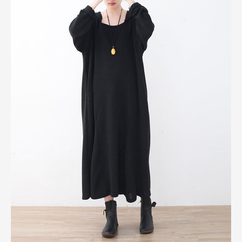 Fine Black Linen Dress Plussize V Neck Linen Gown Hooded Caftans