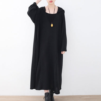 Fine Black Linen Dress Plussize V Neck Linen Gown Hooded Caftans