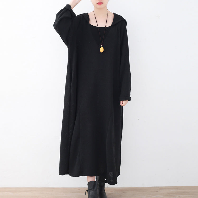 Fine Black Linen Dress Plussize V Neck Linen Gown Hooded Caftans