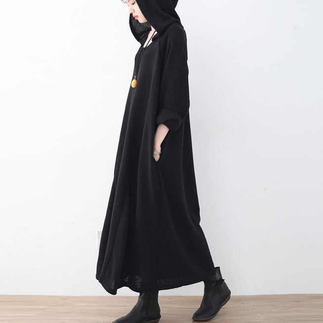 Fine Black Linen Dress Plussize V Neck Linen Gown Hooded Caftans