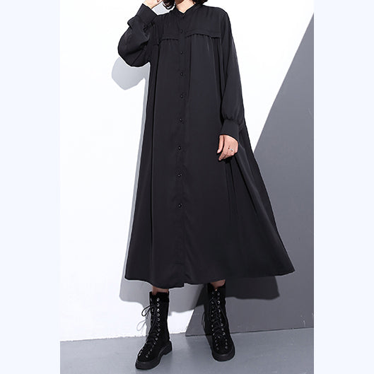 Fine Black Long Silk Cotton Blended Dress Oversized Stand Collar Traveling Dress Pockets Cinched Dresses