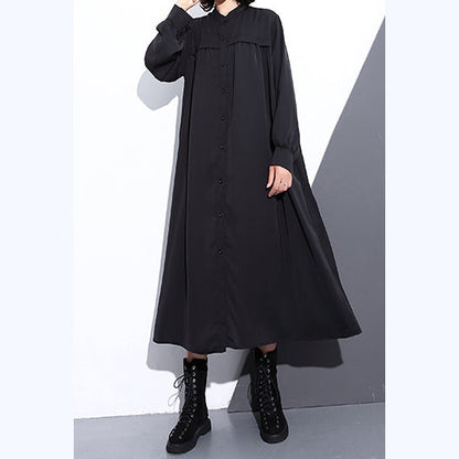 Fine Black Long Silk Cotton Blended Dress Oversized Stand Collar Traveling Dress Pockets Cinched Dresses