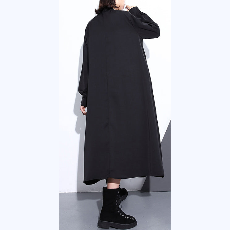 Fine Black Long Silk Cotton Blended Dress Oversized Stand Collar Traveling Dress Pockets Cinched Dresses