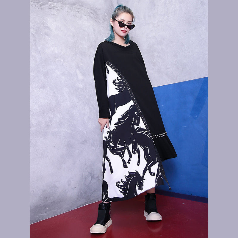 Fine Black Natural Clothing Dress Patchwork Asymmetrical Design V Neck Baggy Dresses
