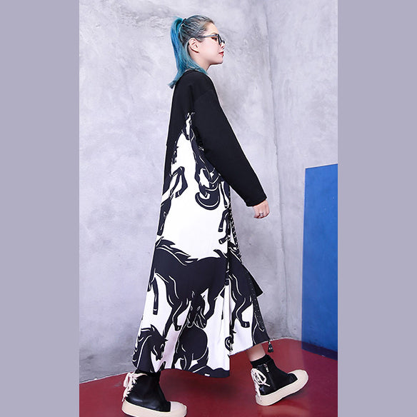 Fine Black Natural Clothing Dress Patchwork Asymmetrical Design V Neck Baggy Dresses