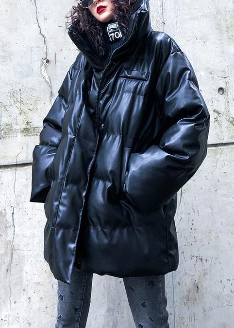 Fine Black Outwear Down Jacket High Neck Zippered Overcoat