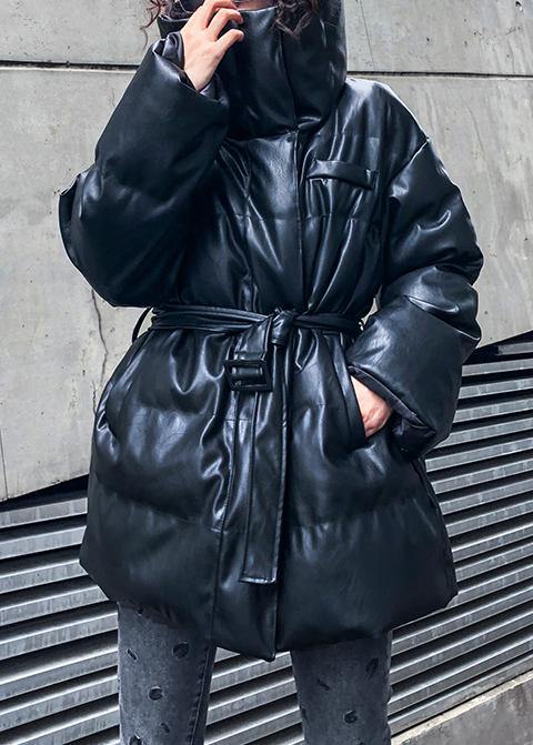 Fine Black Outwear Down Jacket High Neck Zippered Overcoat