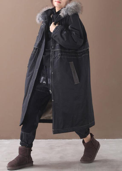 Fine Black Overcoat Snow Jackets Hooded True Fur Collar Outwear
