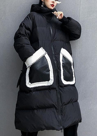 Fine Black Print Parkas for Loose Fitting Winter Jacket Hooded Patchwork Overcoat