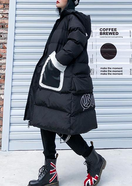 Fine Black Print Parkas for Loose Fitting Winter Jacket Hooded Patchwork Overcoat