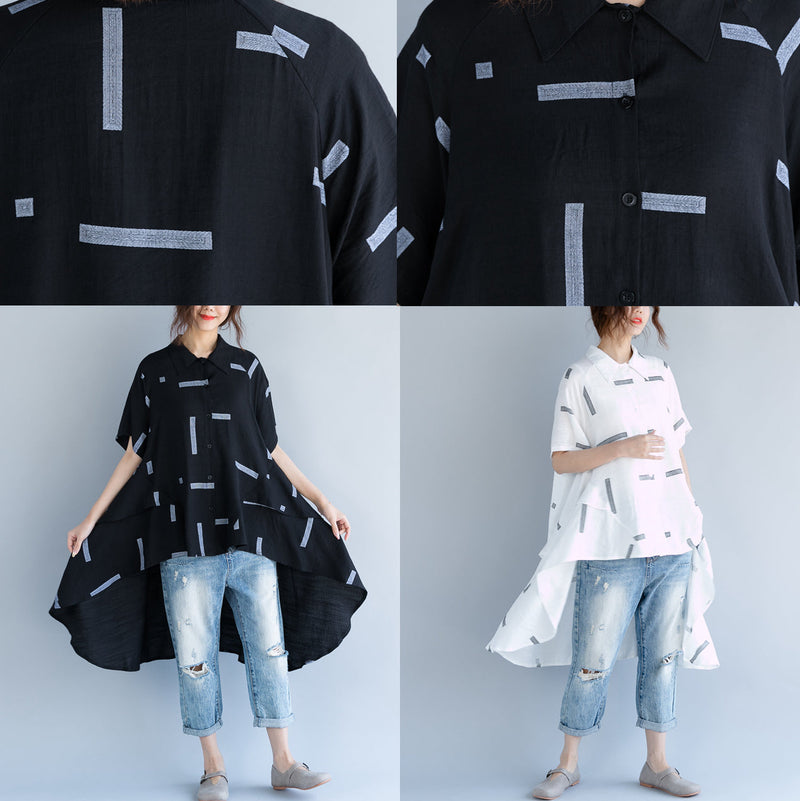 Fine Black Pure Cotton Blouse Oversize Traveling Blouse Fine Low High Design Short Sleeve Cotton Blouses