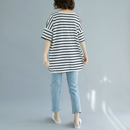 Fine Black Pure Cotton Tops Clothing Blouses Striped V Neck Cotton Clothing Tops