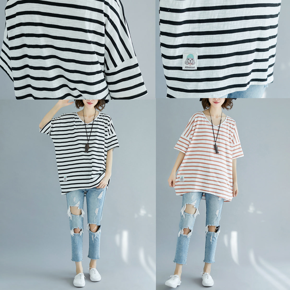 Fine Black Pure Cotton Tops Clothing Blouses Striped V Neck Cotton Clothing Tops