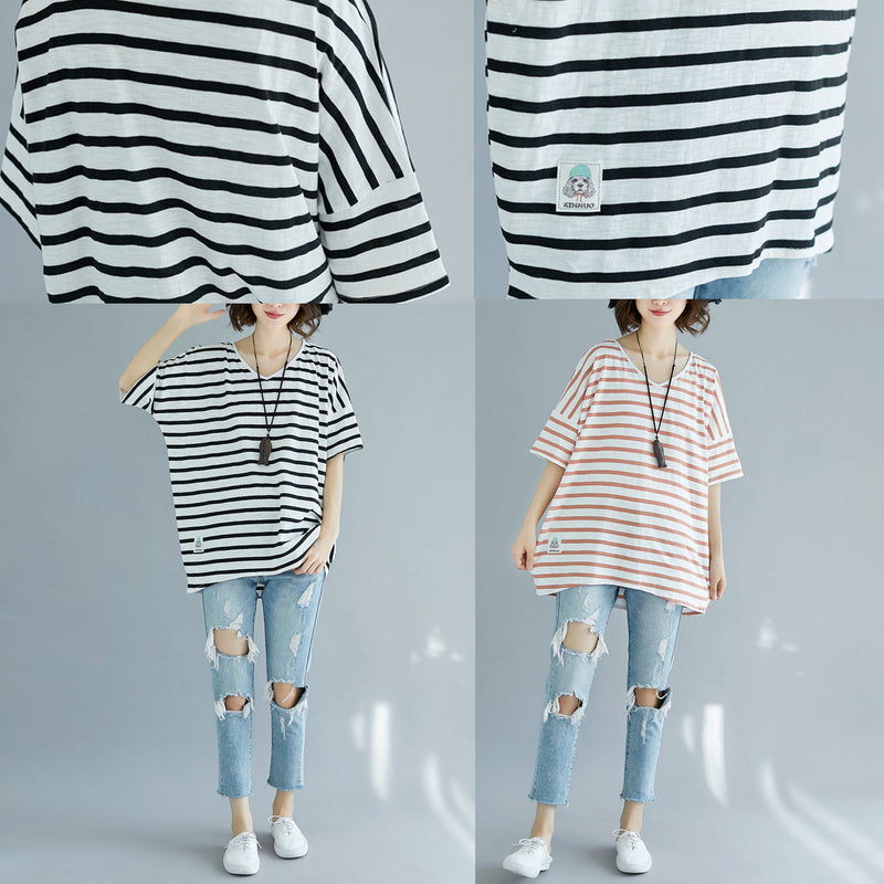 Fine Black Pure Cotton Tops Clothing Blouses Striped V Neck Cotton Clothing Tops