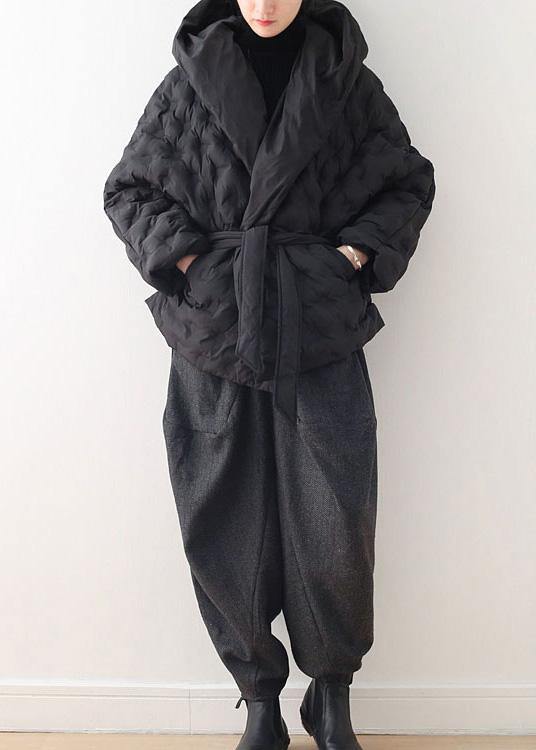Fine Black Shortgoose Down Coat Oversize Hooded Parka Tie Waistwarm Jackets