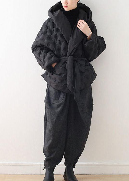 Fine Black Shortgoose Down Coat Oversize Hooded Parka Tie Waistwarm Jackets
