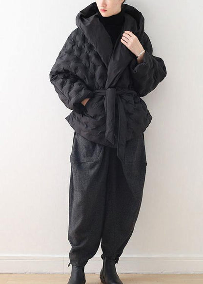 Fine Black Shortgoose Down Coat Oversize Hooded Parka Tie Waistwarm Jackets