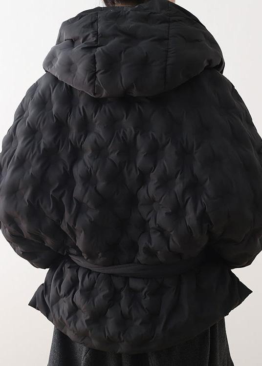 Fine Black Shortgoose Down Coat Oversize Hooded Parka Tie Waistwarm Jackets