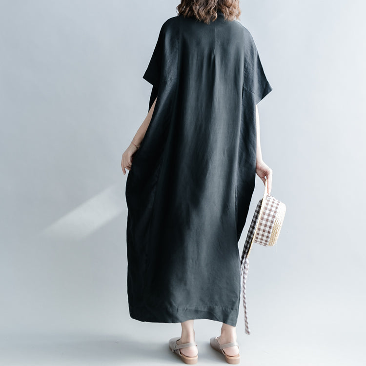 Fine Black Silk Linen Dresses Oversize Stand Baggy Dresses Caftans Short Sleeve Patchwork Gown