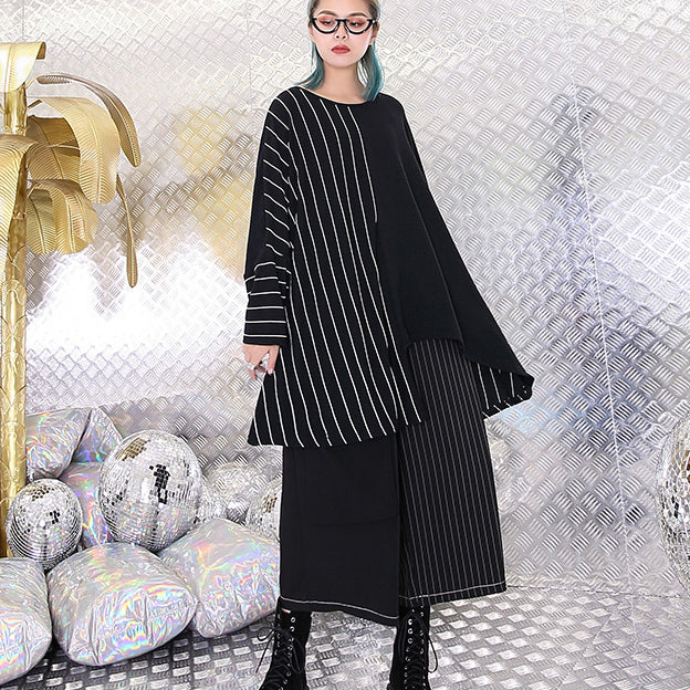 Fine Black Striped Blouse Oversized O Neck Asymmetrical Design Tops