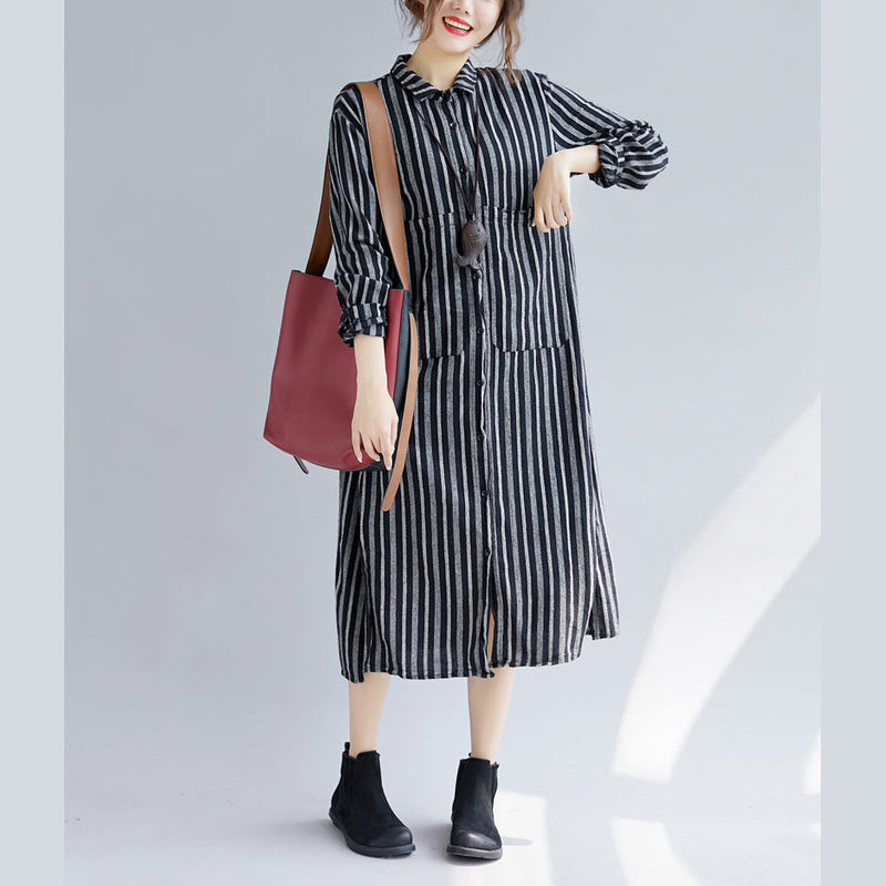 Fine Black Striped Natural Cotton Linen Shirt Dress Turn-down Collar Side Open Fine Long Sleeve Pockets Maxi Shirt Dresses